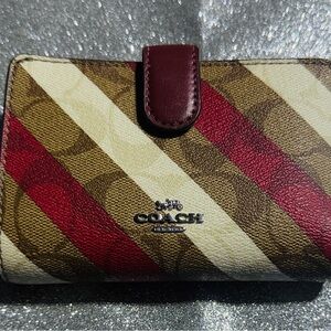 Coach Women's Wallet with Red, Brown, and Cream Stripes